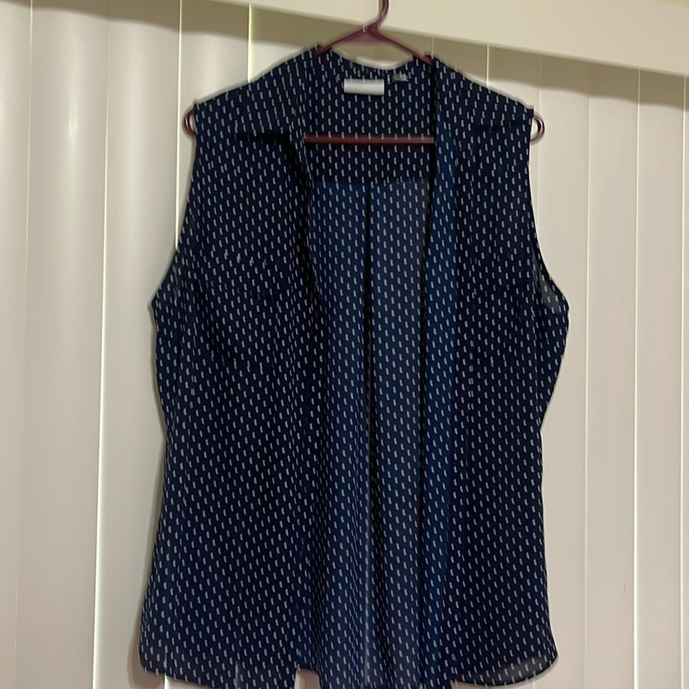 Navy and white sleeveless button up top